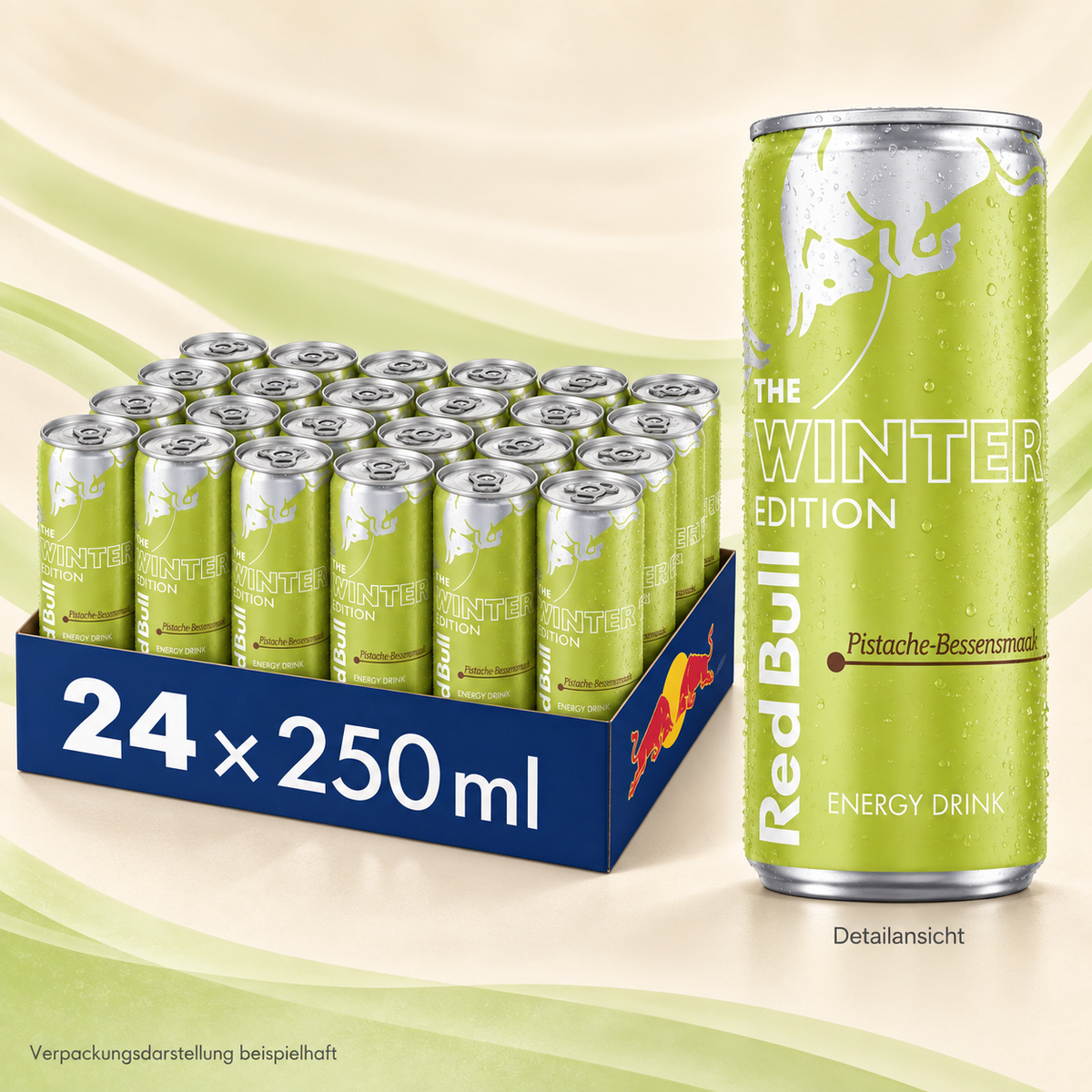 Red Bull Winter Edition Pistazie-Beere, 24 x 250 ml; beispielhafte Tray-Verpackung und vergrößerte Dosen-Detailansicht vor pistaziengrünen Wellen.