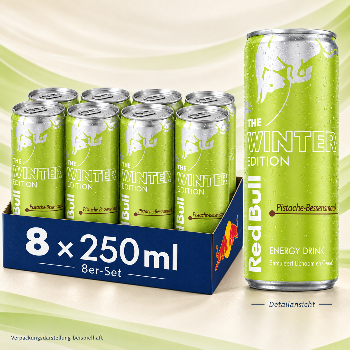 Red Bull Winter Edition Pistazie-Beere, 8 x 250 ml; beispielhafte Tray-Verpackung und vergrößerte Dosen-Detailansicht vor pistaziengrünen Wellen.